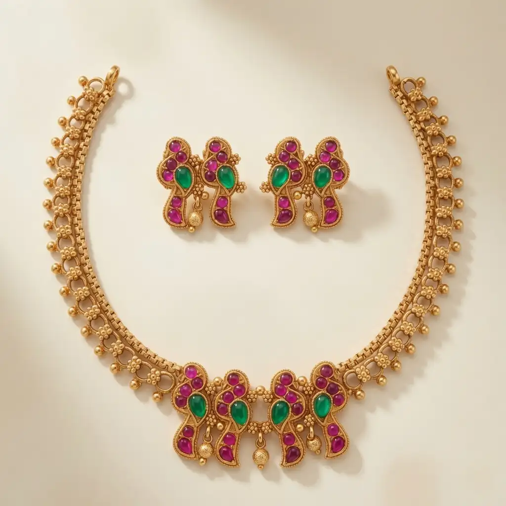Royal Gold Temple Necklace Set with Matching Earrings