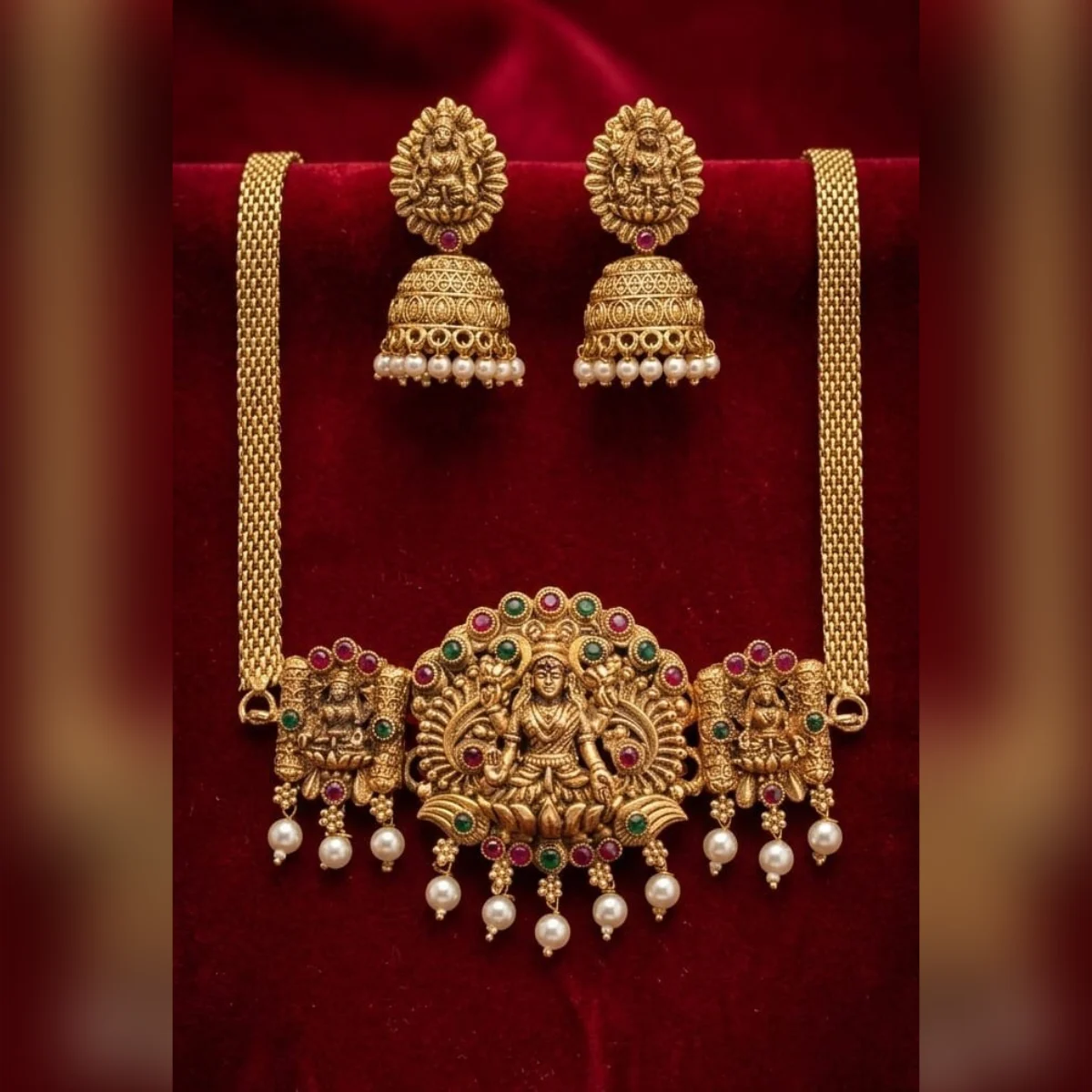 Antique Ruby Stone Gold Necklace Set with Earrings