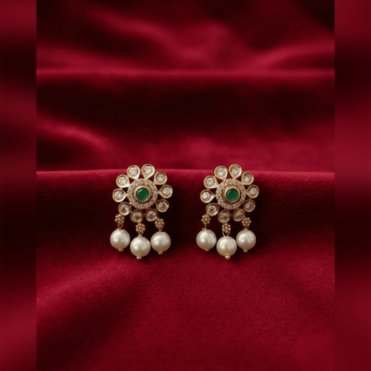 Floral Emerald Pearl Drop Stud Earrings