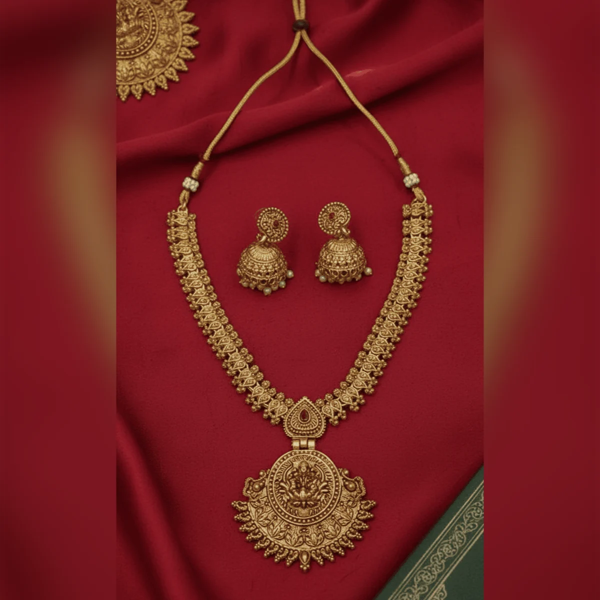 Lakshmi Antique Temple Necklace Set with Jhumka Earrings