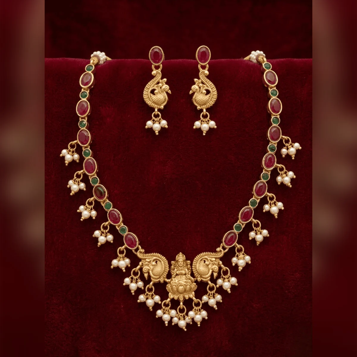 Lakshmi Temple Peacock Ruby Necklace Set