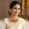 Multi Stone Antique Gold Necklace Set with Earrings - view 3