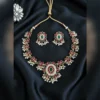 Royal Red Floral Pearl Drop Necklace Set with Earrings - view 2