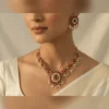 Royal Red Floral Pearl Drop Necklace Set with Earrings - view 3
