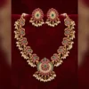 Ruby Emerald Floral Pearl Necklace Set with Earrings