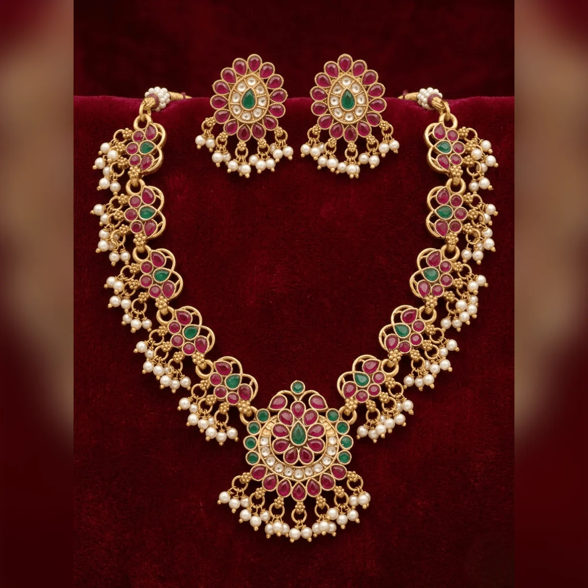 Ruby Emerald Floral Pearl Necklace Set with Earrings