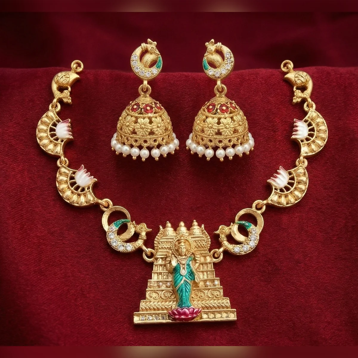 Stone Studded Gold Choker Necklace Set with Earrings