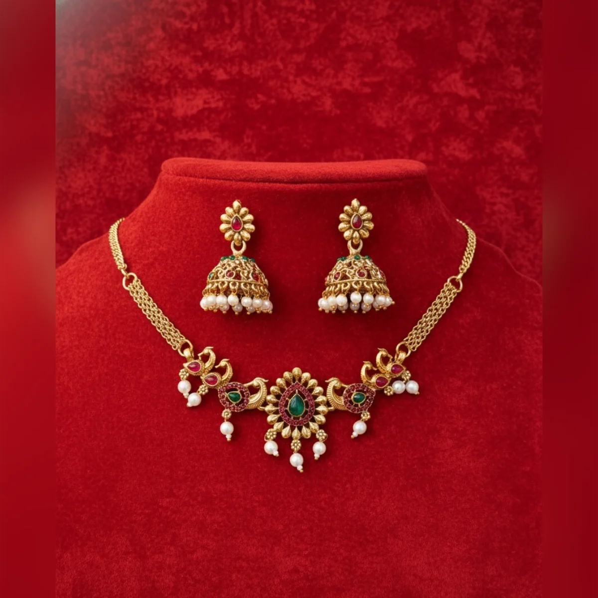 Traditional Gold Plated Peacock Necklace Set with Jhumka Earrings