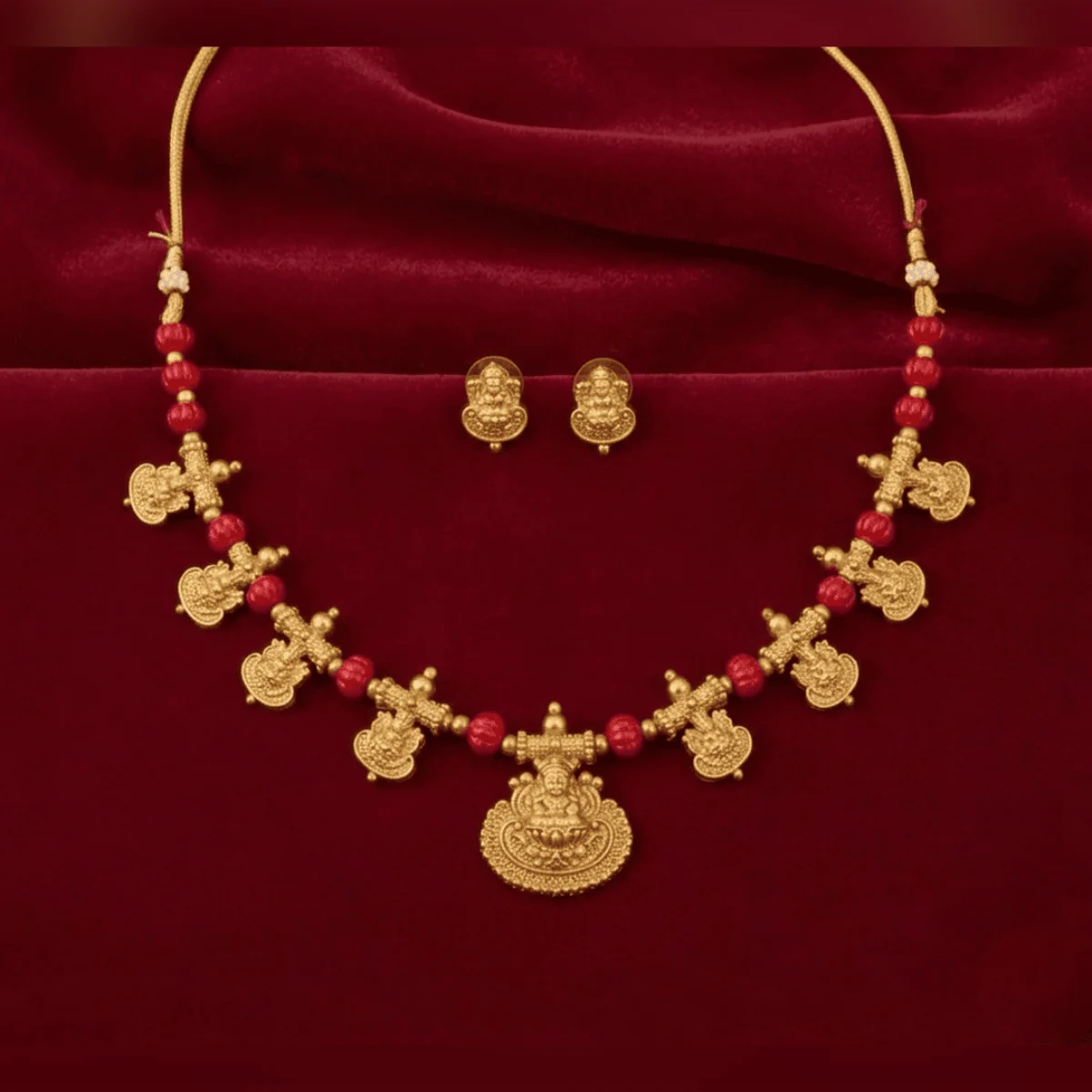 Traditional Lakshmi Temple Necklace Set with Red Beads